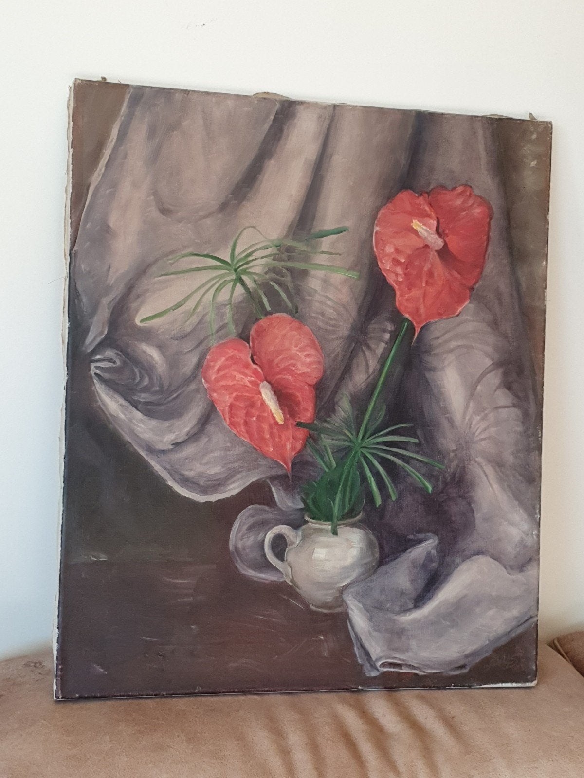 Olieverfschilderij – Bloemen (Anthurium) J. Baas, Ophalen