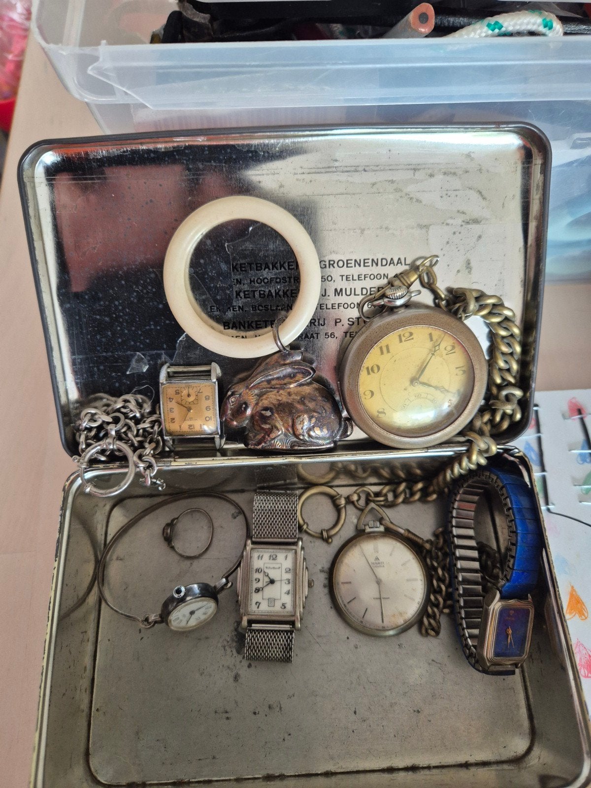Partij vintage horloges, zakhorloge, ketting en curiosa, Ophalen of Verzenden