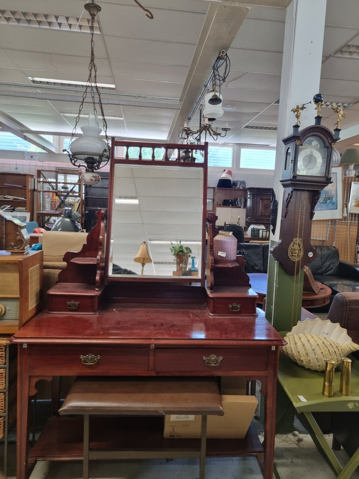 Antieke kaptafel met spiegel en lades, Gebruikt, 100 tot 150 cm, 100 tot 150 cm, Ophalen of Verzenden