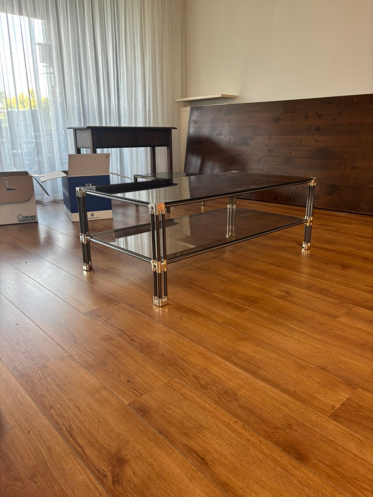 Hollywood Regency / Italiaans design glazen salontafel, Ophalen, 100 tot 150 cm, Glas, Zo goed als nieuw