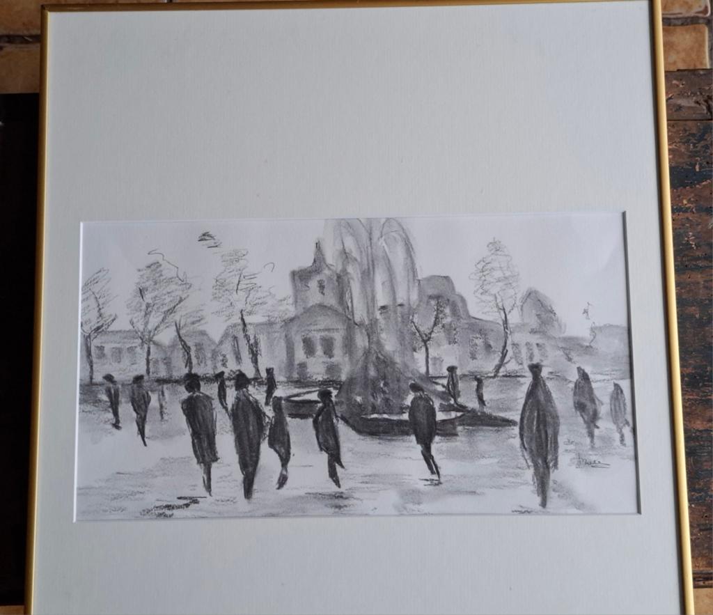 Burgers op stadsplein.  Expressionistisch. Sign.  51/51 cm., Ophalen, Zo goed als nieuw, 50 tot 75 cm, Tekening