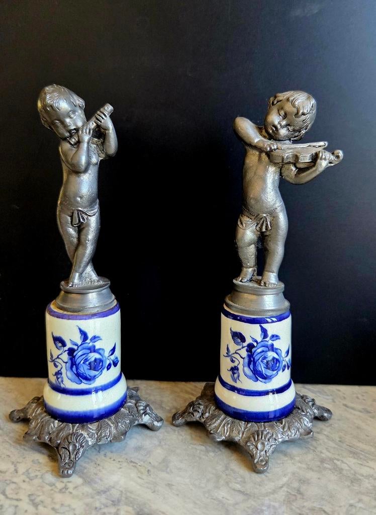 Antieke beeldjes tin met porselein, Ophalen of Verzenden, Overige materialen