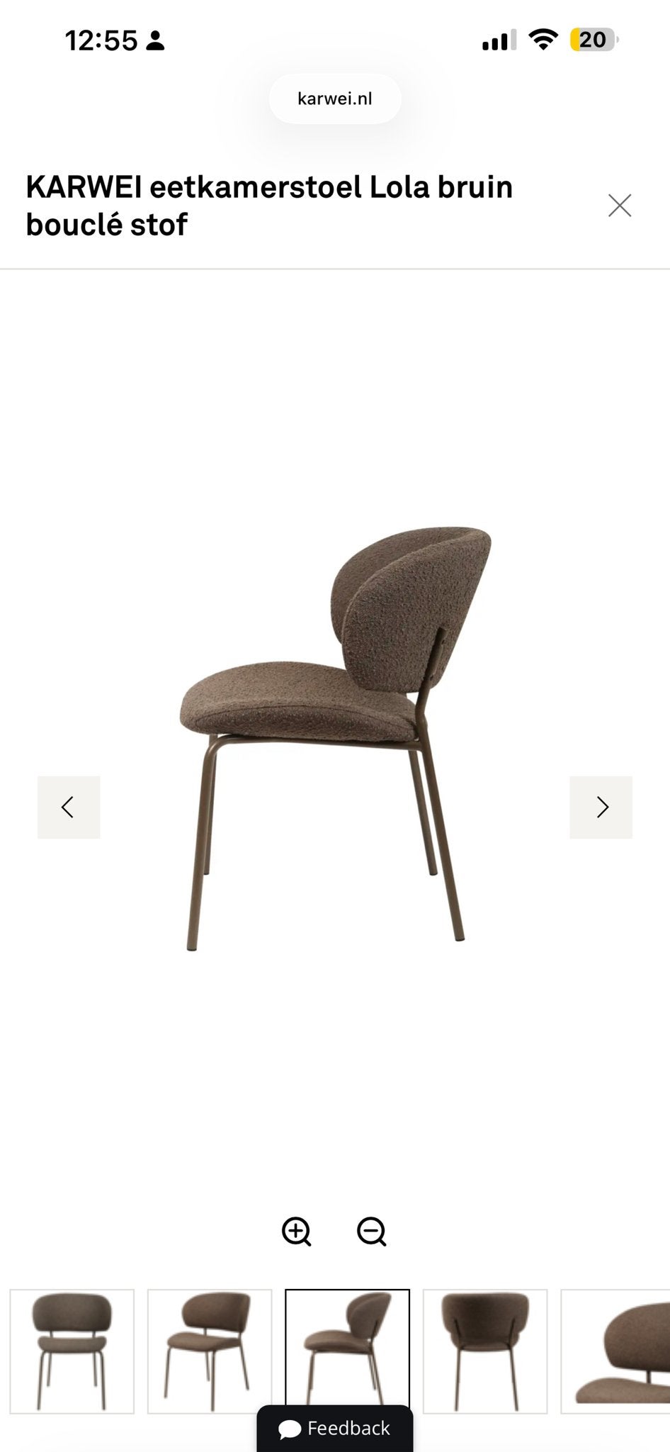 KARWEI eetkamerstoel Lola bruin bouclé stof - 5 stoelen, Ophalen, Bruin, Zo goed als nieuw, Stof