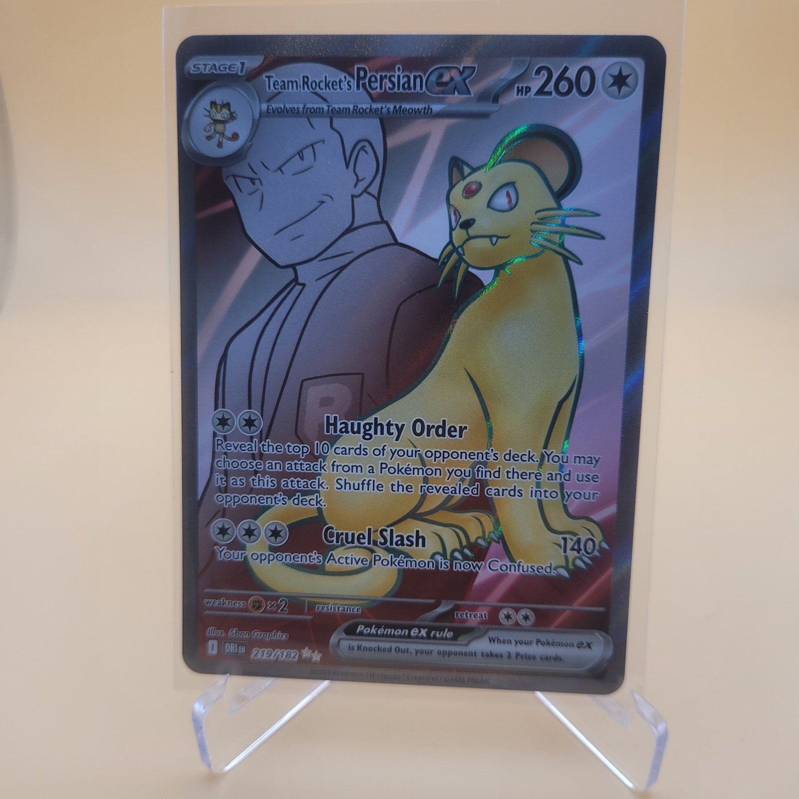 Team Rocket's Persian EX Full Art - Destined Rivals, Ophalen of Verzenden, Zo goed als nieuw, Losse kaart, Foil