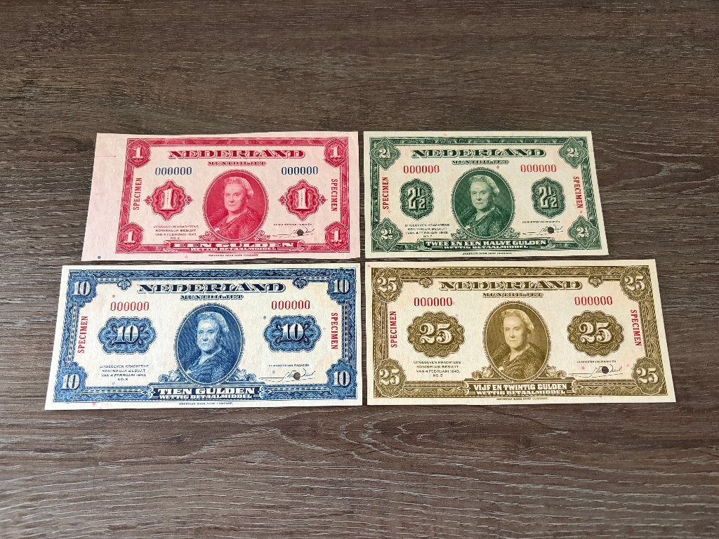 Set zeldzame UNC specimen biljetten 1 - 25 gulden, 1943, Ophalen of Verzenden, 25 gulden