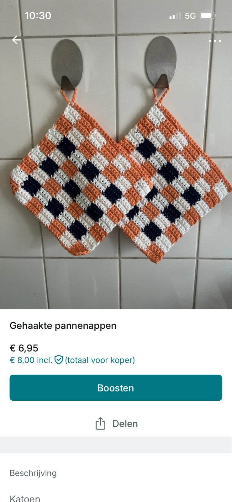 Gehaakte pannenlappen - Oranje, Wit, Blauw, Overige typen, Verzenden, Nieuw, Natuurlijk materiaal