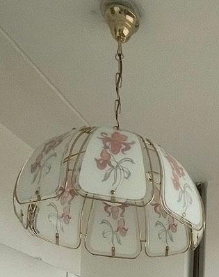 Jordanese cafe hanglamp bloemen goud roze glas en lood cute, Ophalen, Gebruikt, Glas, E27 (groot)