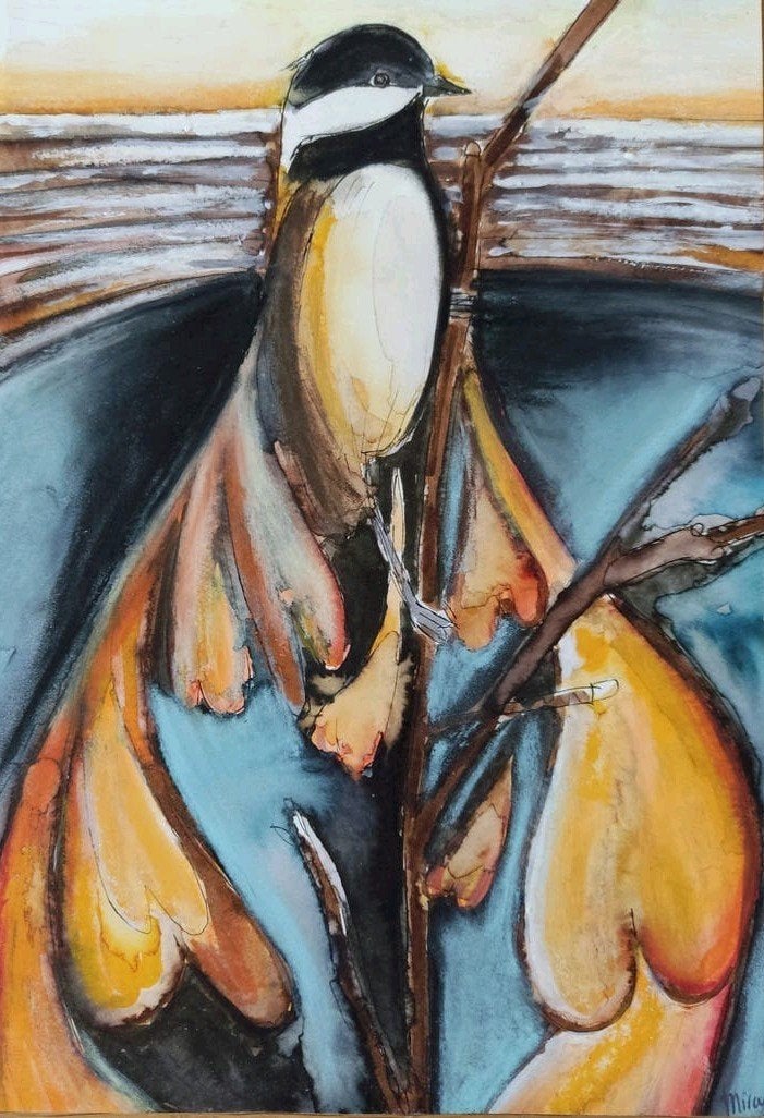 Schilderij: Koolmees met Hartjesvleugels kinderkamer, Minder dan 50 cm, Gebruikt, Oorspronkelijke maker, Ophalen of Verzenden