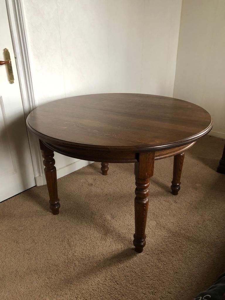 Ronde eikenhouten tafel met lade - Klassiek design, Gebruikt, 100 tot 150 cm, Ophalen of Verzenden, Vier personen