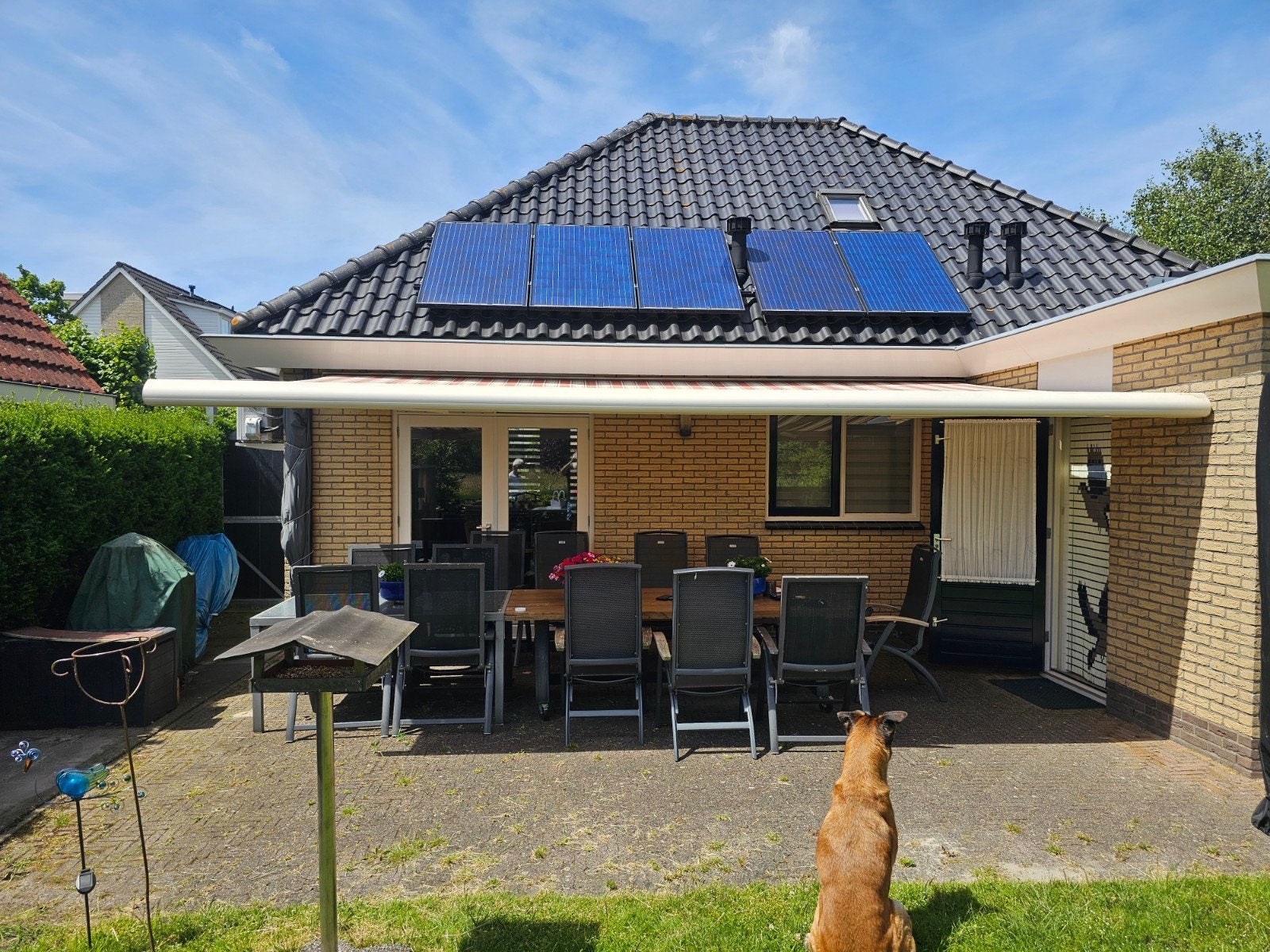 Zonnescherm Elektrisch knikarm 600 cm brd 330 cm uitval, Tuin en Terras, Zonneschermen, Gebruikt, 450 cm of meer, Elektrisch, Ophalen of Verzenden