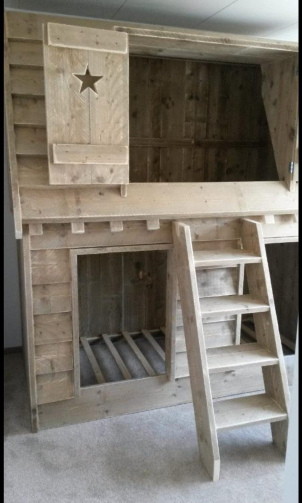 Stijgerhouten Slaapkamer: Stapelbed en 4 soorten kasten., Ophalen, Gebruikt, 100 cm of meer, Hoogslaper of Stapelbed