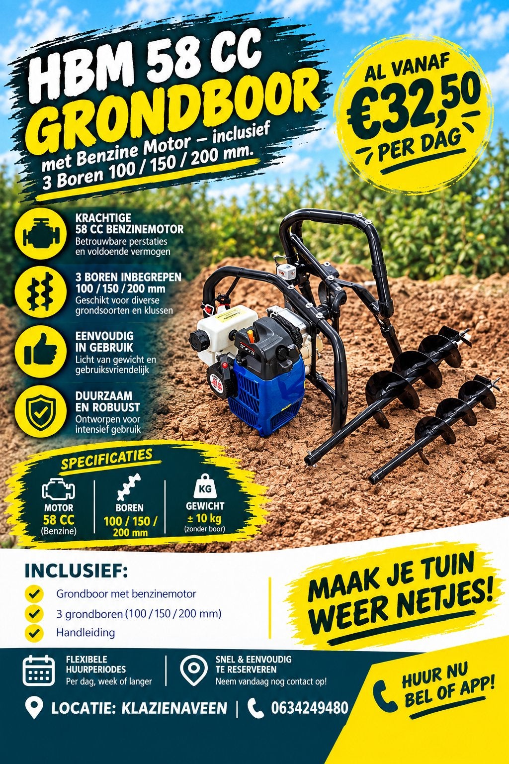 Grondboor te huur, Ophalen, Zo goed als nieuw, Grondboor