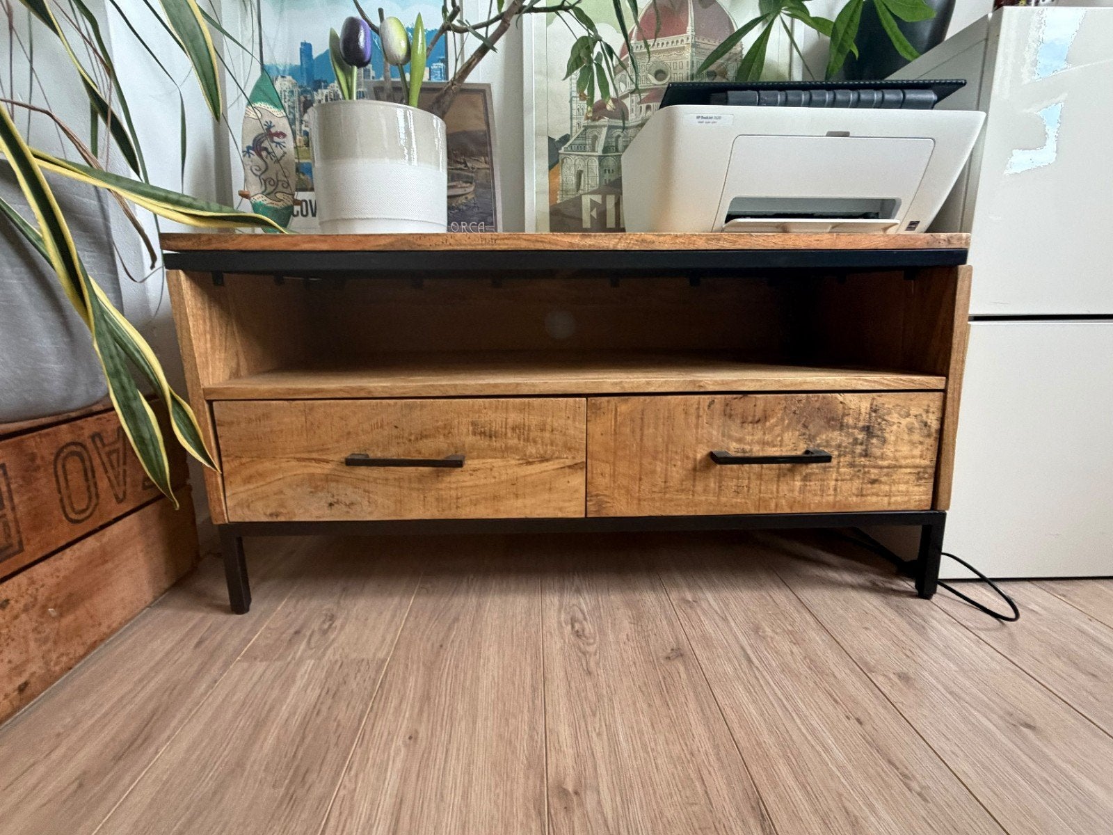 Mangohouten kastje - TV meubel met lades, Gebruikt, 50 tot 100 cm, Minder dan 100 cm, 25 tot 50 cm