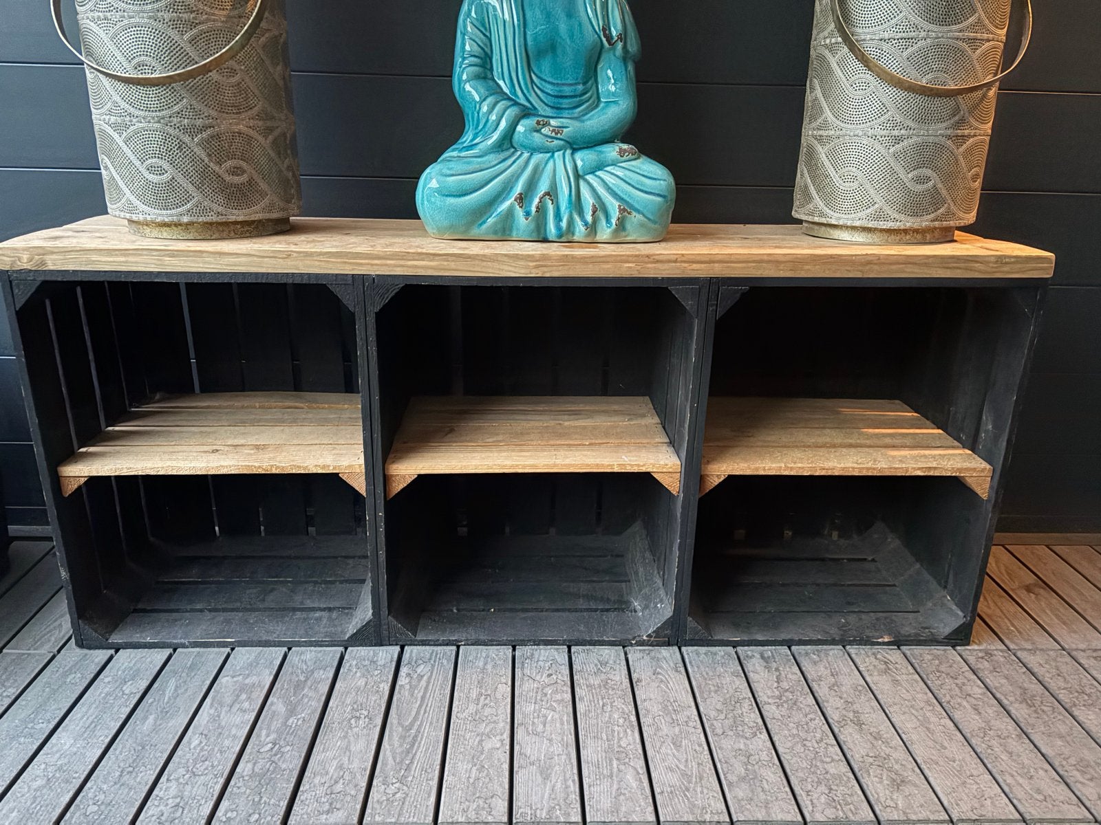Mooie fruitkisten kast met houten blad (schoenenkast), Ophalen of Verzenden, Gebruikt