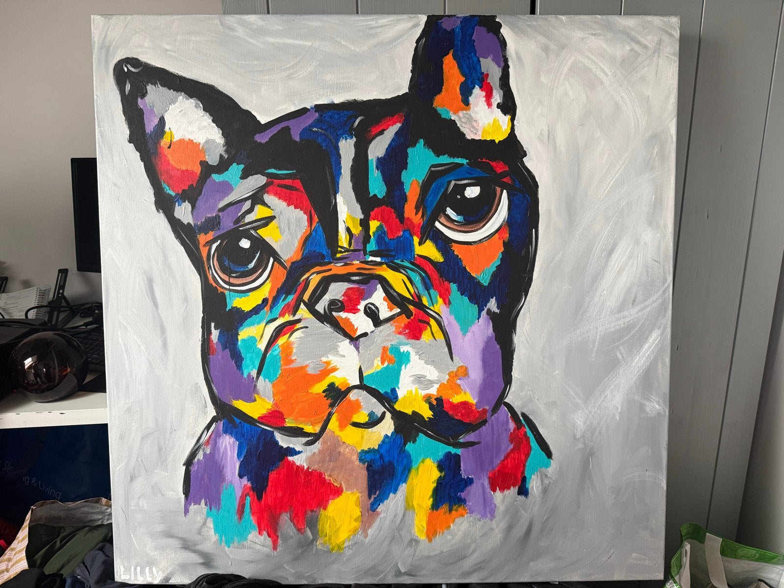 Schilderij Franse Bulldog - Kleurrijk en Uniek door Lilly, Ophalen, Acrylverf, Dieren, Handgeschilderd
