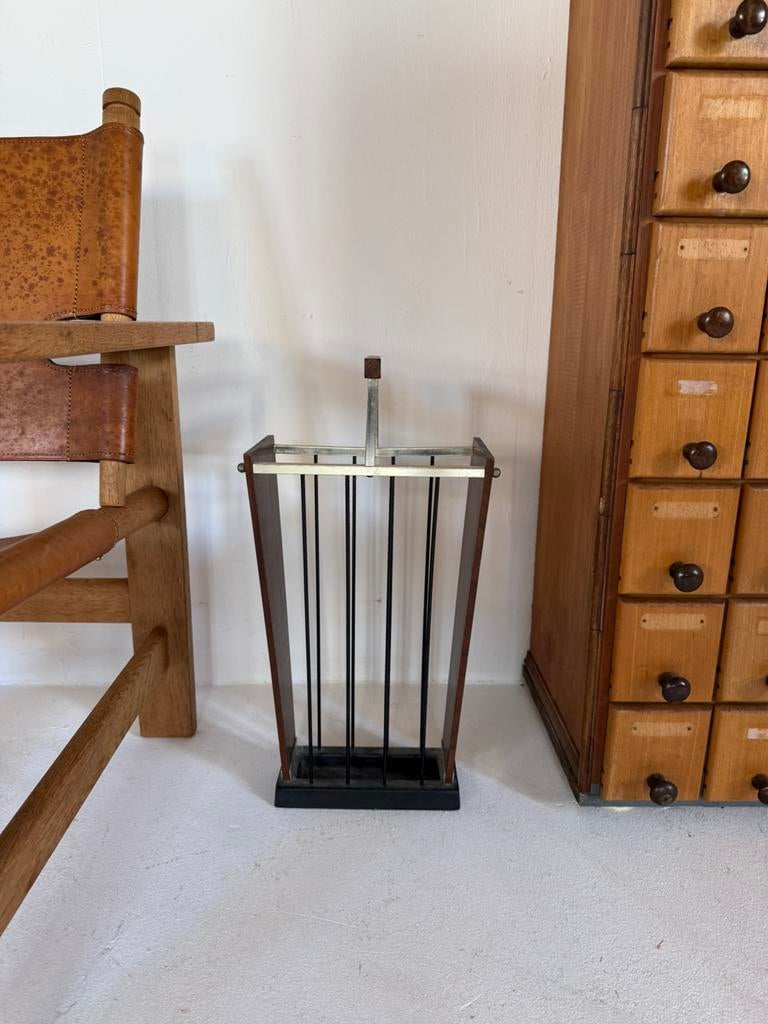 Vintage messing & teak paraplubak ‘50, Ophalen of Verzenden, Zo goed als nieuw, Metaal