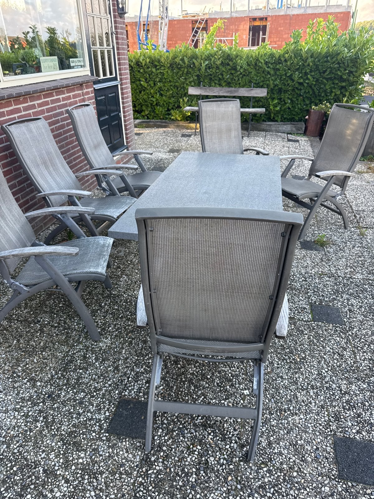 6-persoons tuinset met imitatie stenen tafel, Tuin en Terras, Ophalen, Overige materialen, Gebruikt, Eettafel
