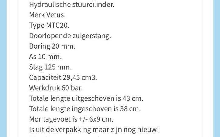 Vetus kleine hydraulische stuurcilinder MTC20, Ophalen of Verzenden, Nieuw