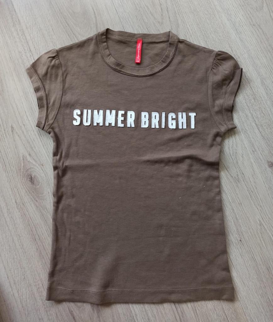 Bruin T-shirt met 'SUMMER BRIGHT' opdruk, maat 146-152, Kinderen en Baby's, Kinderkleding | Maat 152, Gebruikt, Meisje, Ophalen of Verzenden