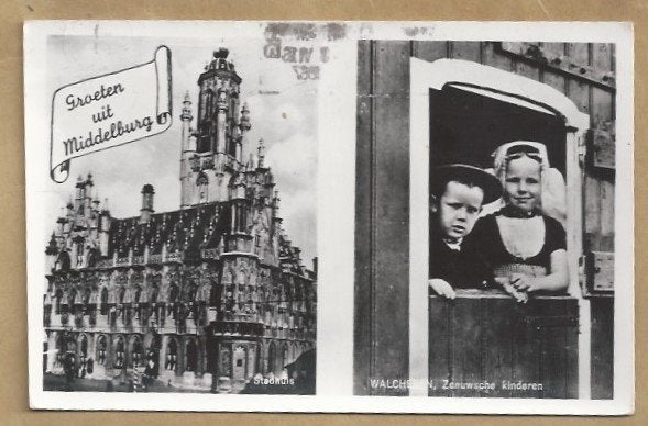 Oude ansichtkaart Middelburg Stadhuis en Walcheren, Ophalen of Verzenden, 1960 tot 1980, Gelopen, Zeeland
