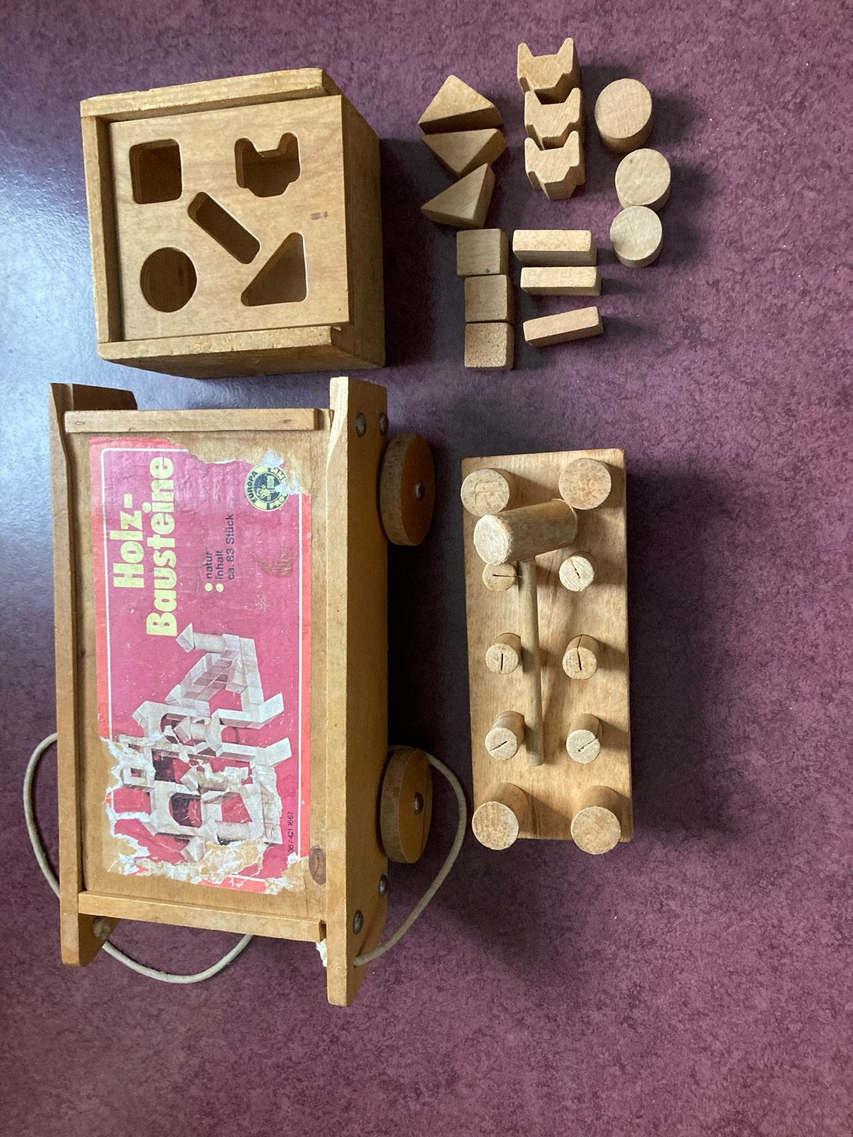 Vintage houten bouwstenen met sorteerdoos en kar, Ophalen, Gebruikt, Overige merken