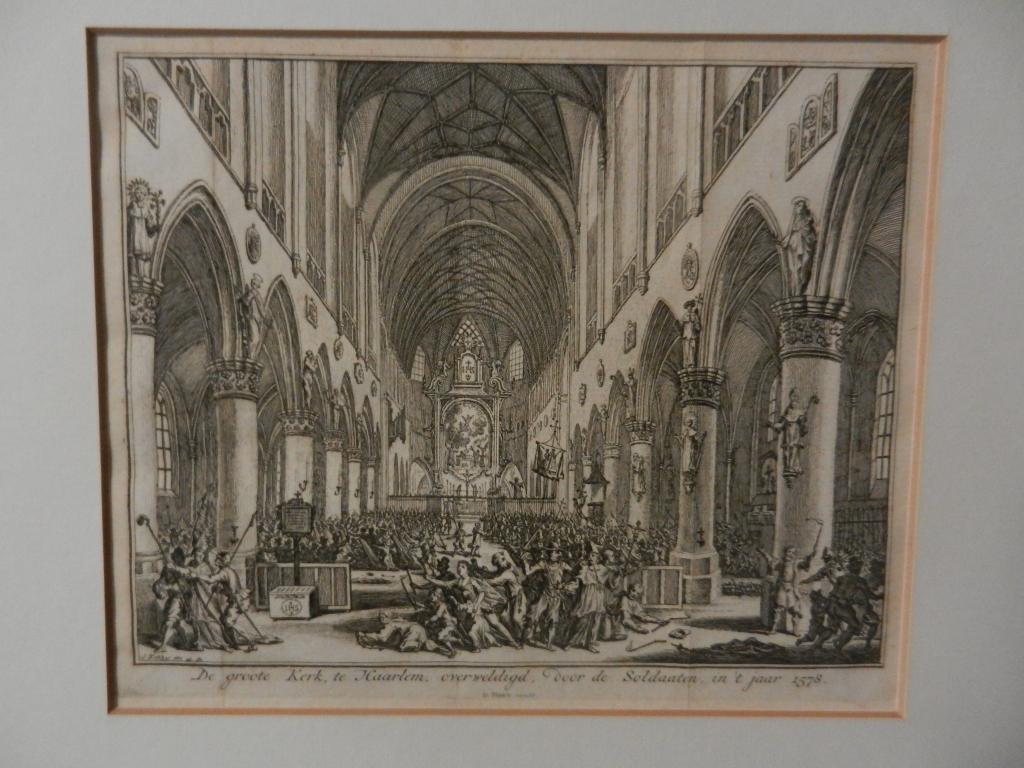 Gravure Groote Kerk Haarlem overweldigd in 1578 Fokke/Tirion, Ophalen of Verzenden, Gravure, Met tekst, 20 cm