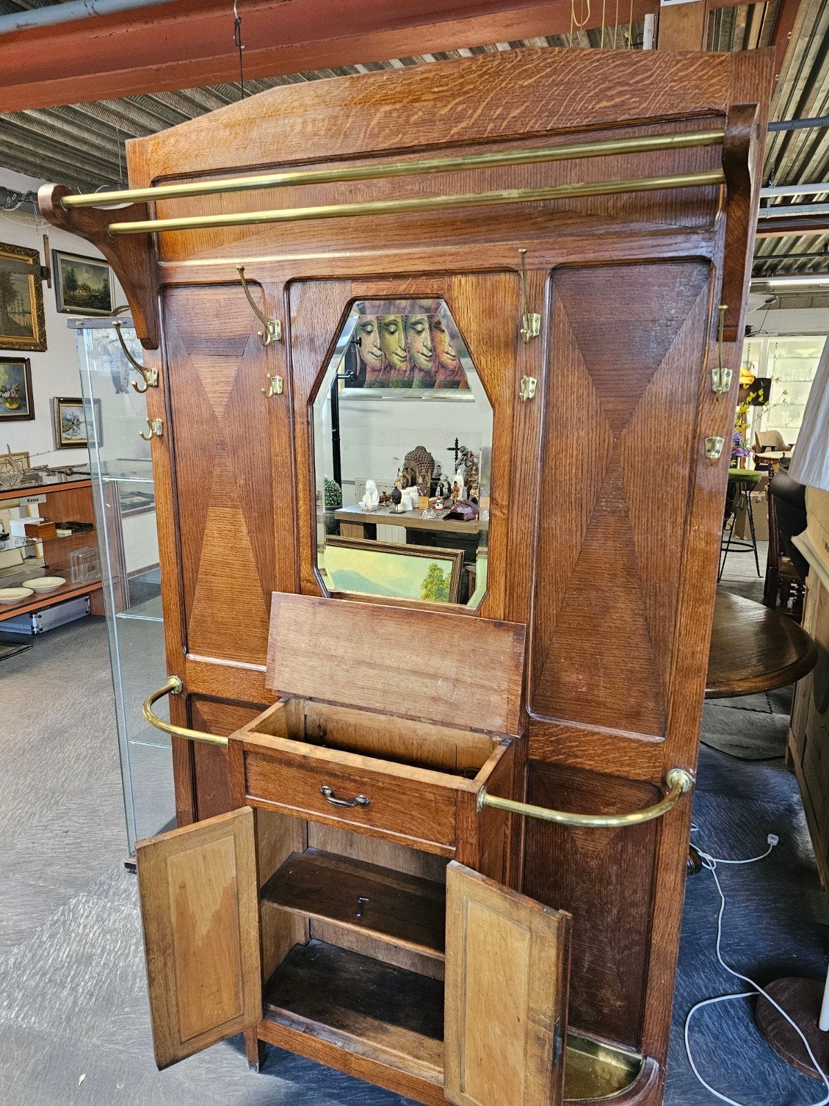 Antieke Eiken Kapstok met Spiegel en Opbergruimte, Antiek en Kunst, Ophalen of Verzenden