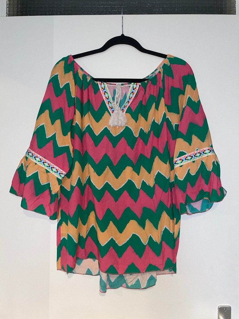Dames boho ibiza zig zag patroon roze groene tuniek mt L, Made in Italy, Maat 42/44 (L), Ophalen of Verzenden, Zo goed als nieuw
