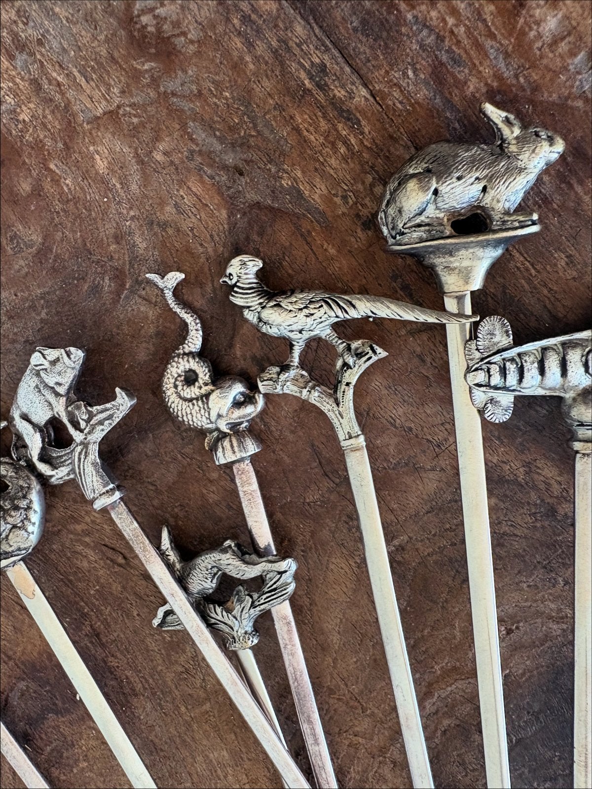Antieke Franse Hatelets (vleesspiesen) met dierenfiguren, Ophalen of Verzenden