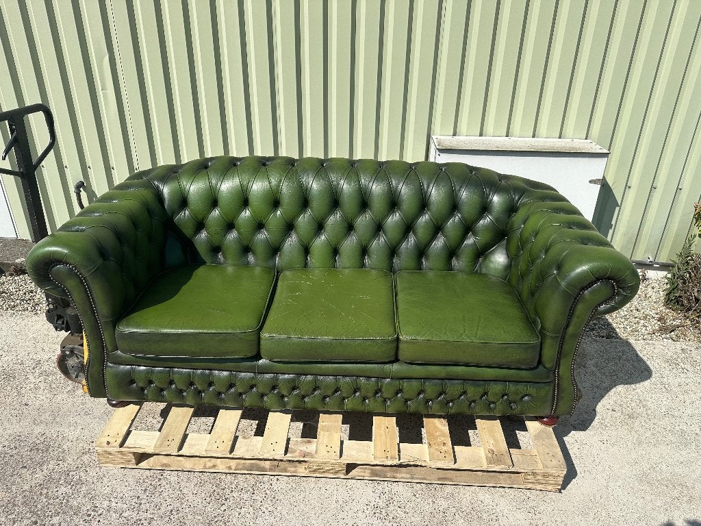 Vintage Groen Leren Chesterfield Bankstel, Ophalen, Gebruikt, Chesterfield, Klassiek, Vintage, Driepersoons
