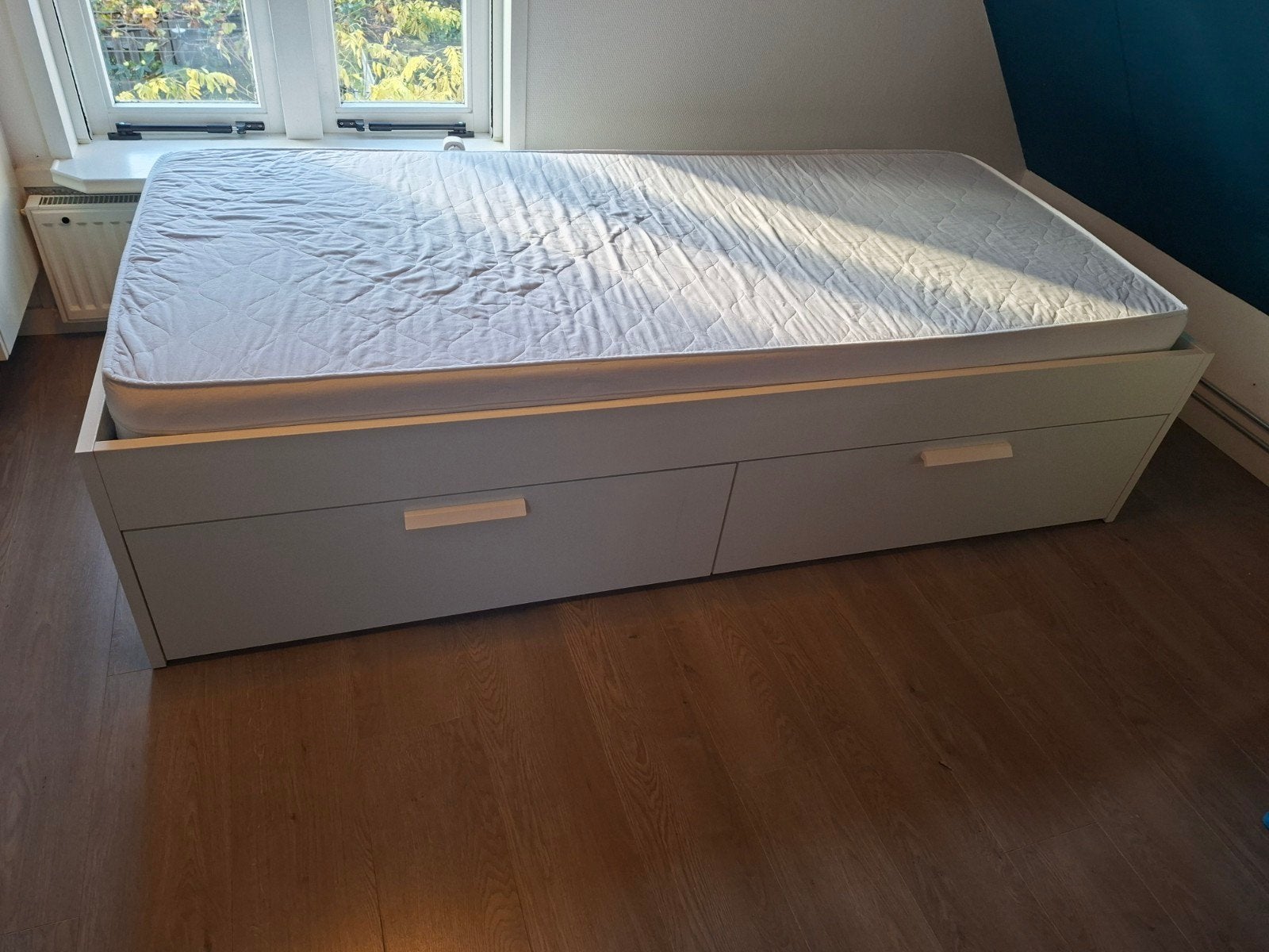 Ikea Brimnes 1-persoonsbed met lades en lattenbodem, Ophalen, 90 cm, Wit, 200 cm