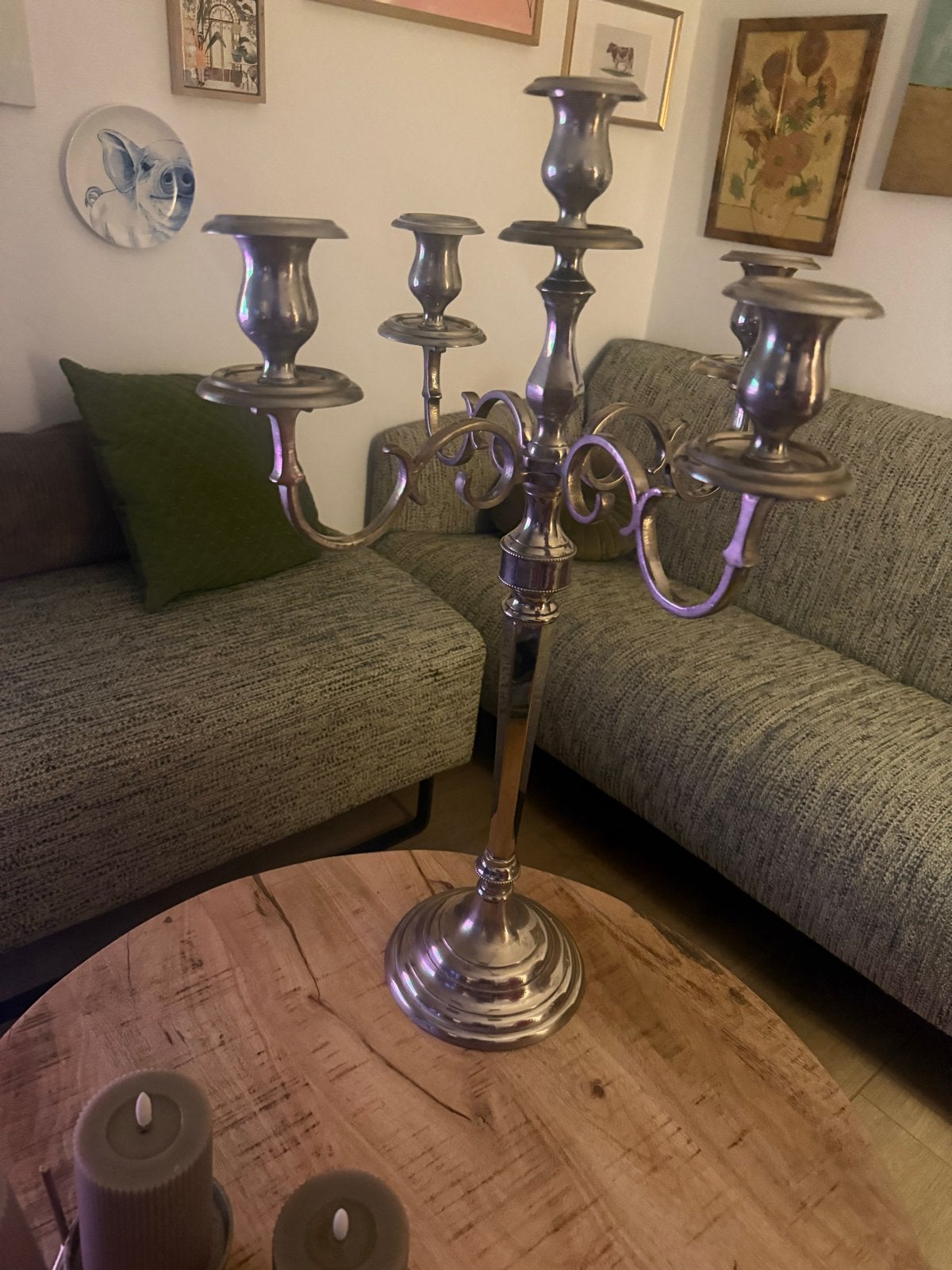 Verzilverde kaarsenstandaard 5-armig, 71 cm hoog, Antiek en Kunst, Antiek | Kandelaars, Ophalen of Verzenden, Zilver