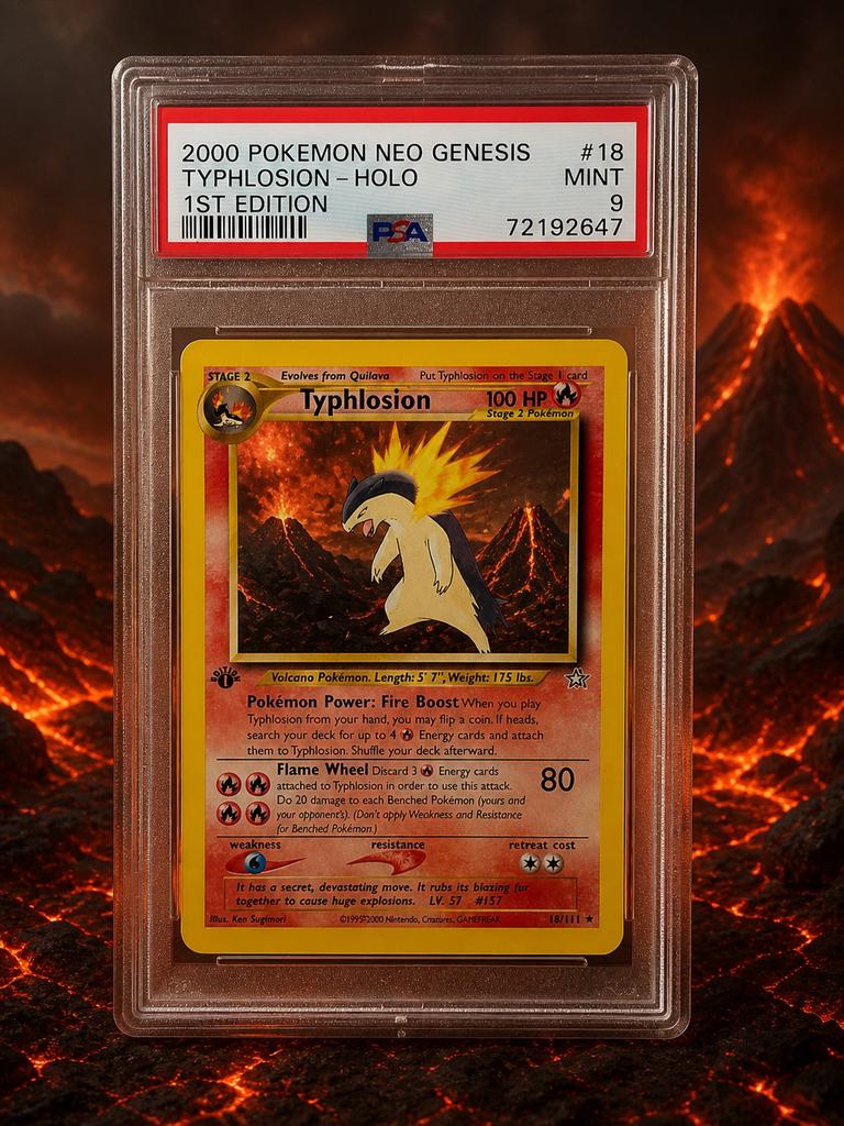 Typhlosion Holo 1st Edition #18 Neo Genesis PSA 9 MINT, Ophalen, Zo goed als nieuw, Losse kaart, Foil