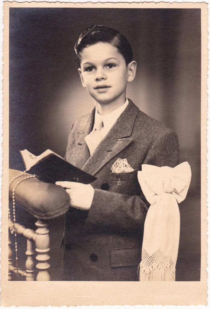 Vintage Communiefoto Jongen met Strik jaren '40, Gebruikt, Verzenden, Foto, 1940 tot 1960
