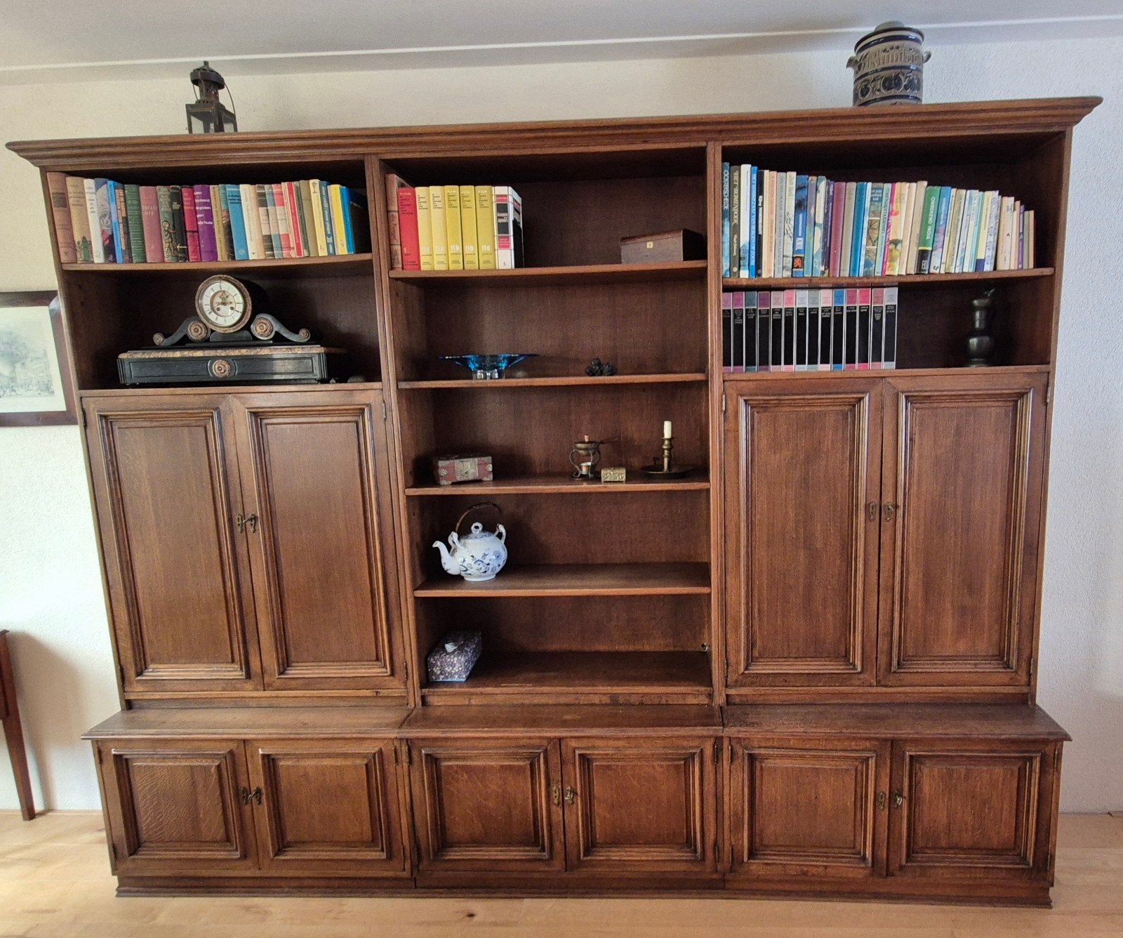 Grote eiken landelijke wandkast / boekenkast — 3-delig, Ophalen, 200 cm of meer, Eikenhout, 200 cm of meer