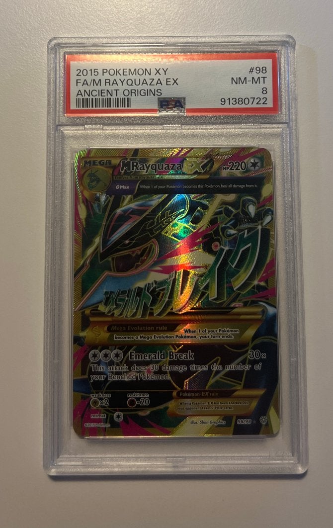 M Rayquaza EX 98/98 - Ancient Origins - PSA 8, Ophalen of Verzenden, Zo goed als nieuw, Losse kaart
