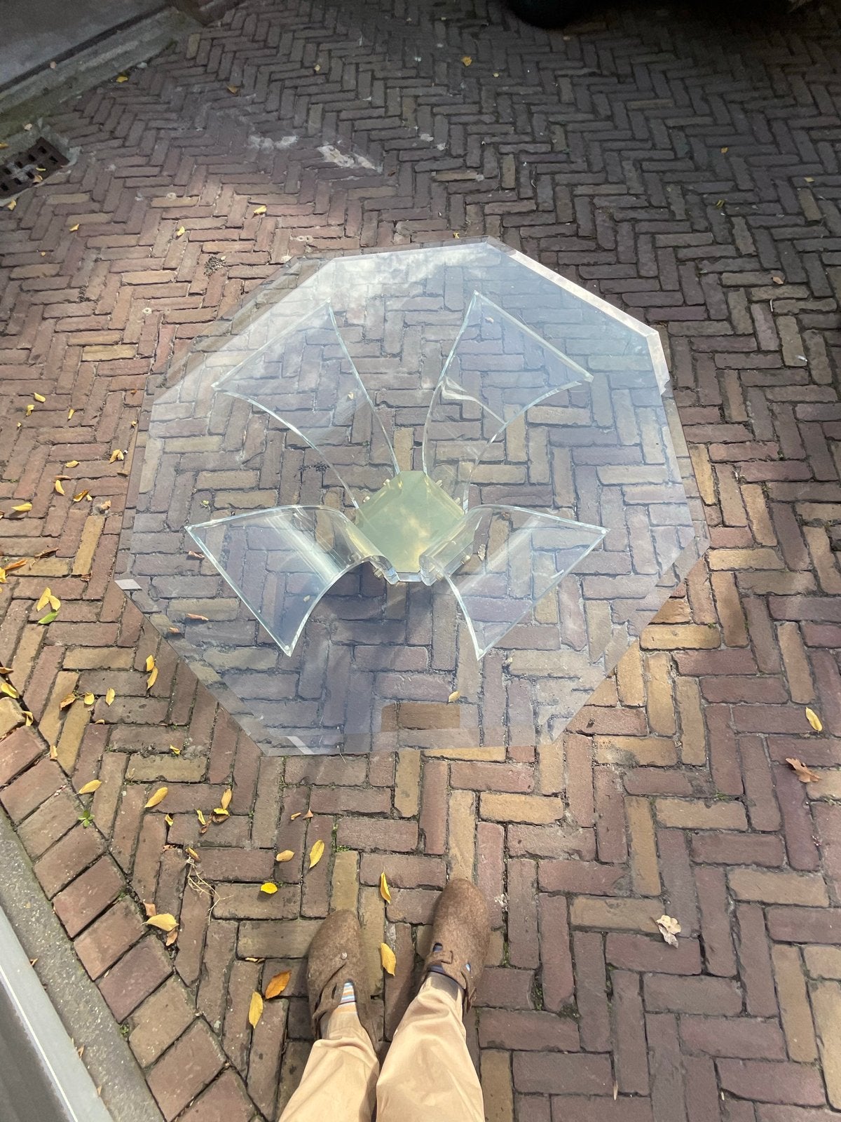 Glazen salontafel met uniek onderstel, Ophalen, Gebruikt, Glas, Overige vormen