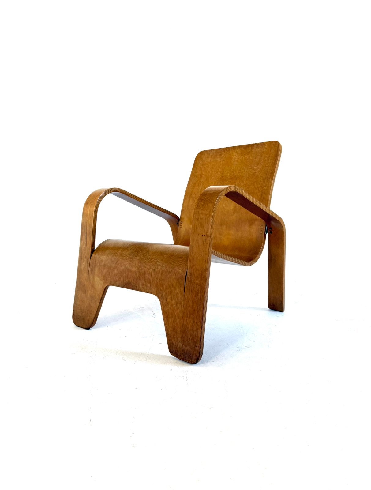 Vintage ‘LaWo 1’ multiplex fauteuil, Han Pieck ‘46, Han Pieck, Vintage retro buisframe design rotan webbing papercord deens, 75 tot 100 cm
