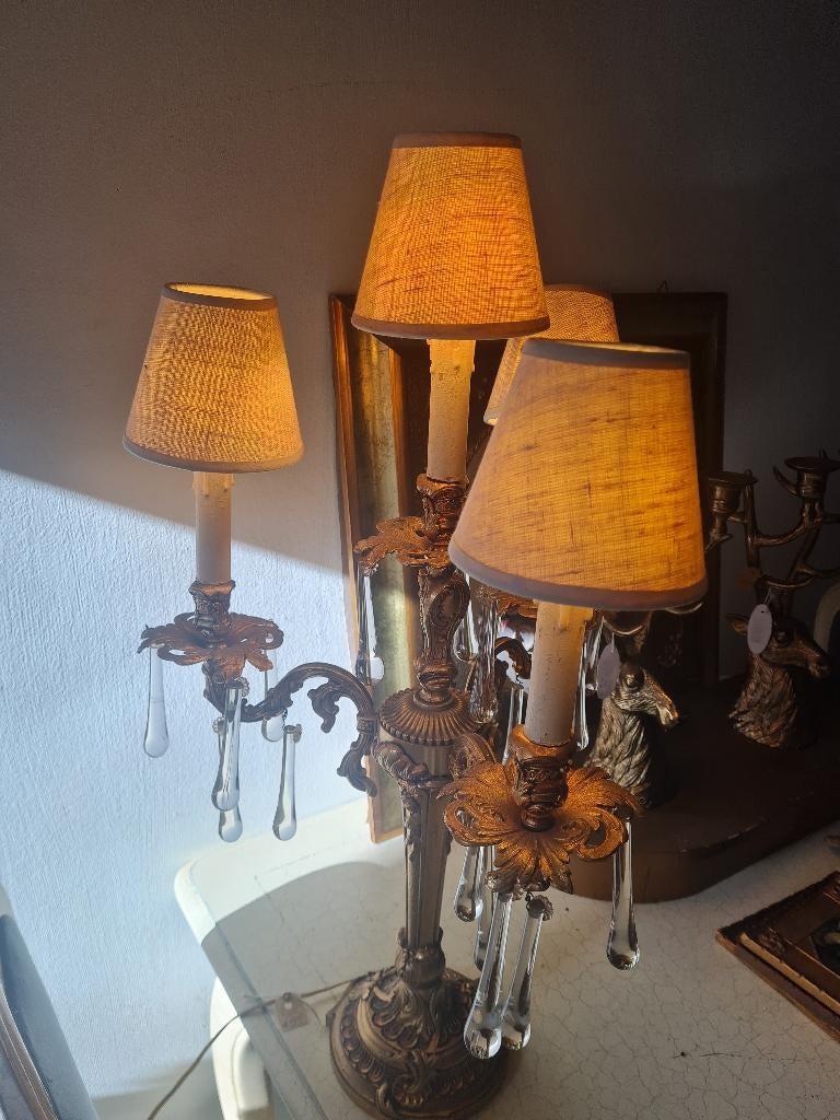Antieke massief bronzen tafellamp met glazen pegels, Ophalen of Verzenden, Brons