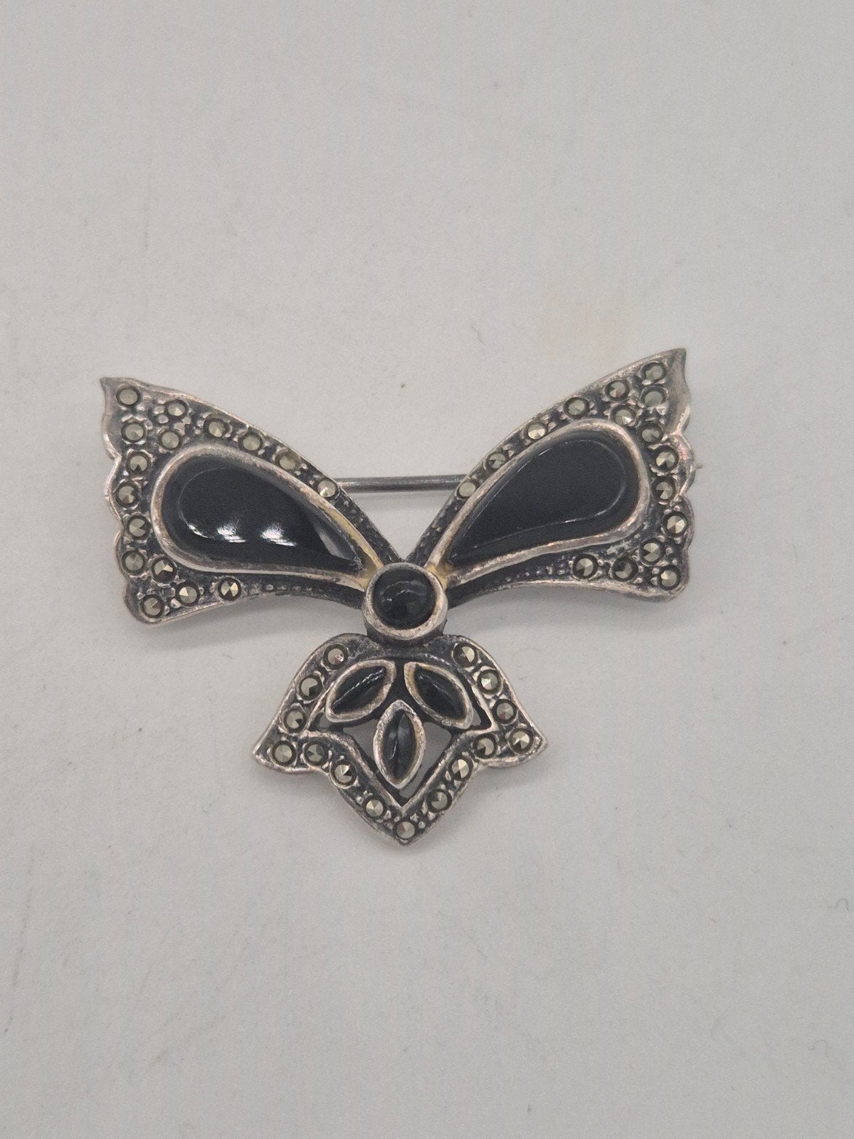 Vintage Zilveren Broche met Onyx en Markasietjes 925, Gebruikt, Verzenden, Minder dan 4 cm, Met edelsteen