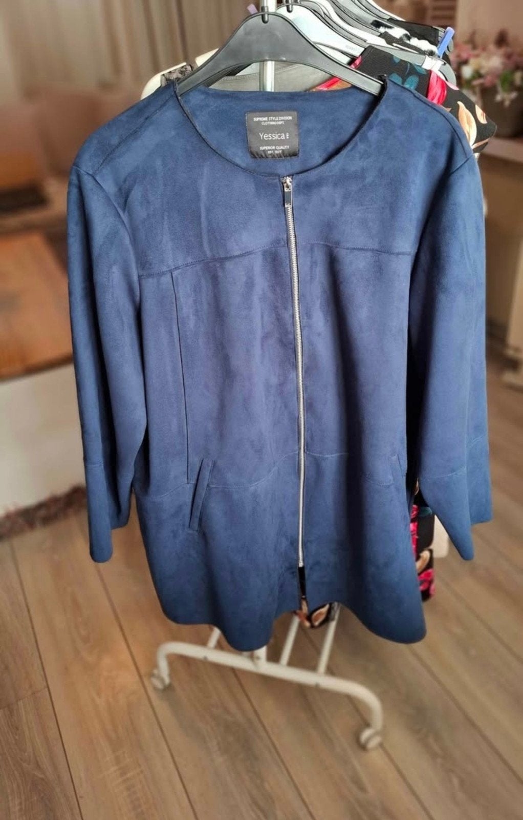 mooie suedine jas maat 56, Kleding | Dames, Grote Maten, Zo goed als nieuw, Jas of Mantel, Blauw, Ophalen of Verzenden