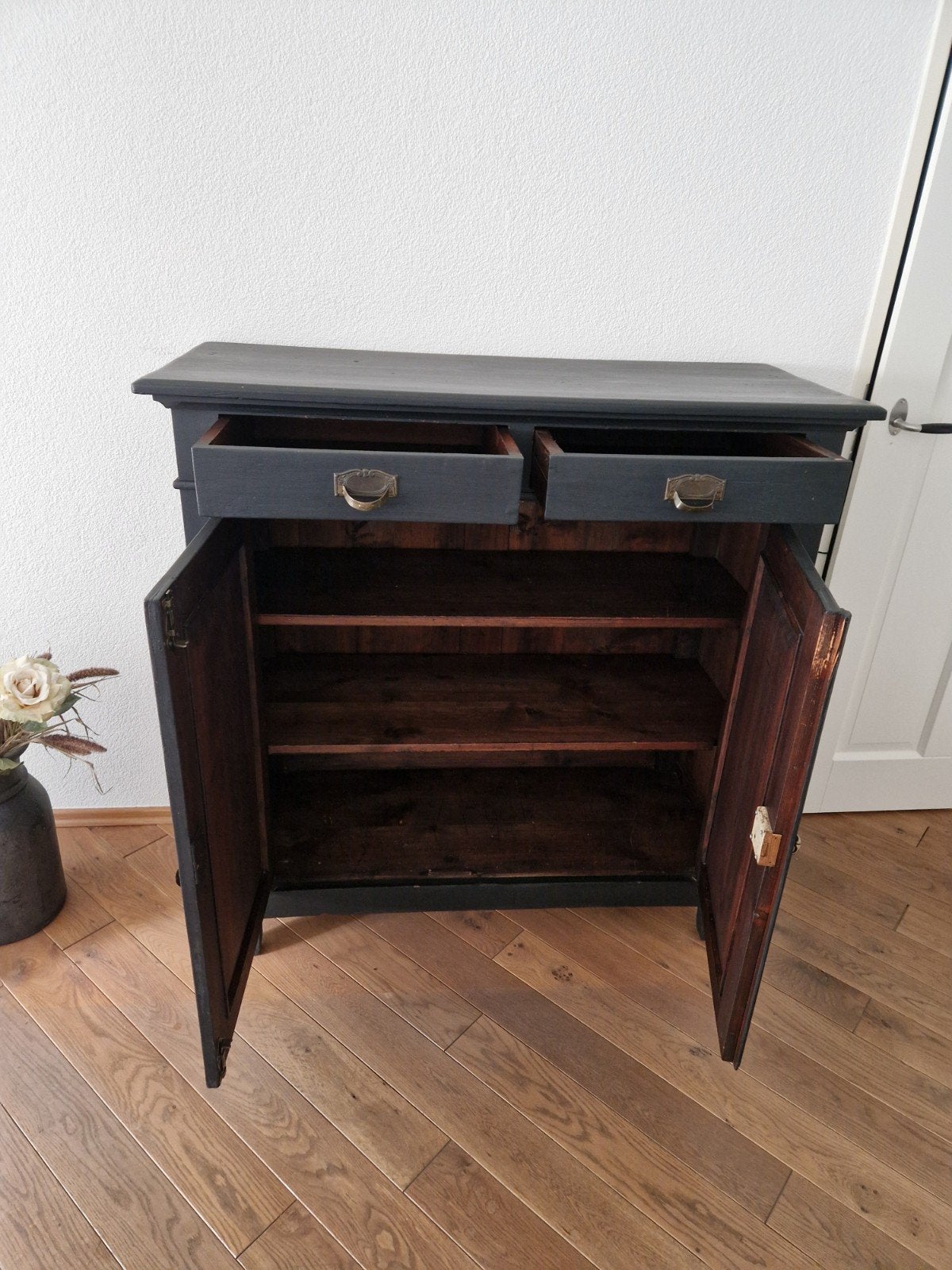 Vintage zwart dressoir met lades en deuren, Ophalen, Gebruikt, 100 tot 150 cm, Met lade(s)