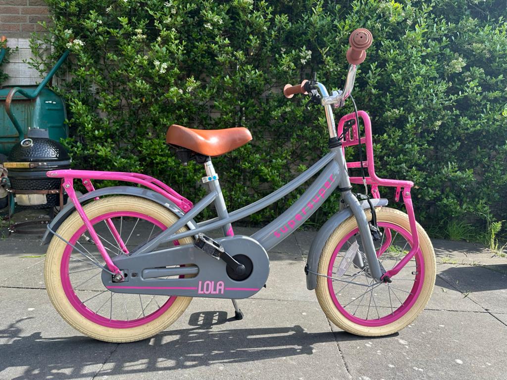 Lola Kinderfiets 16 inch met voordrager - Grijs/Roze, Ophalen, Gebruikt, Velgrem, 16 tot 20 inch