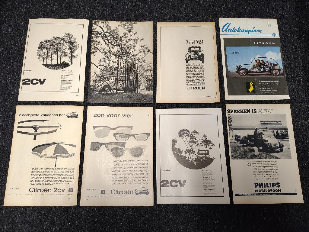 8x Reclame (A4) Citroen 2CV (1962-1968), Verzamelen, Verzenden, Gebruikt, Auto's