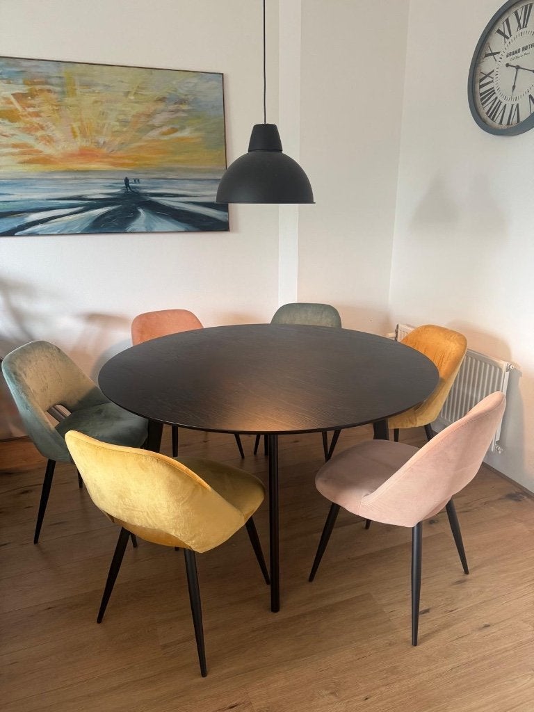 Ronde houten tafel + 6 velours stoelen, Huis en Inrichting, Tafels | Eettafels, Ophalen, Zo goed als nieuw, Vijf personen of meer
