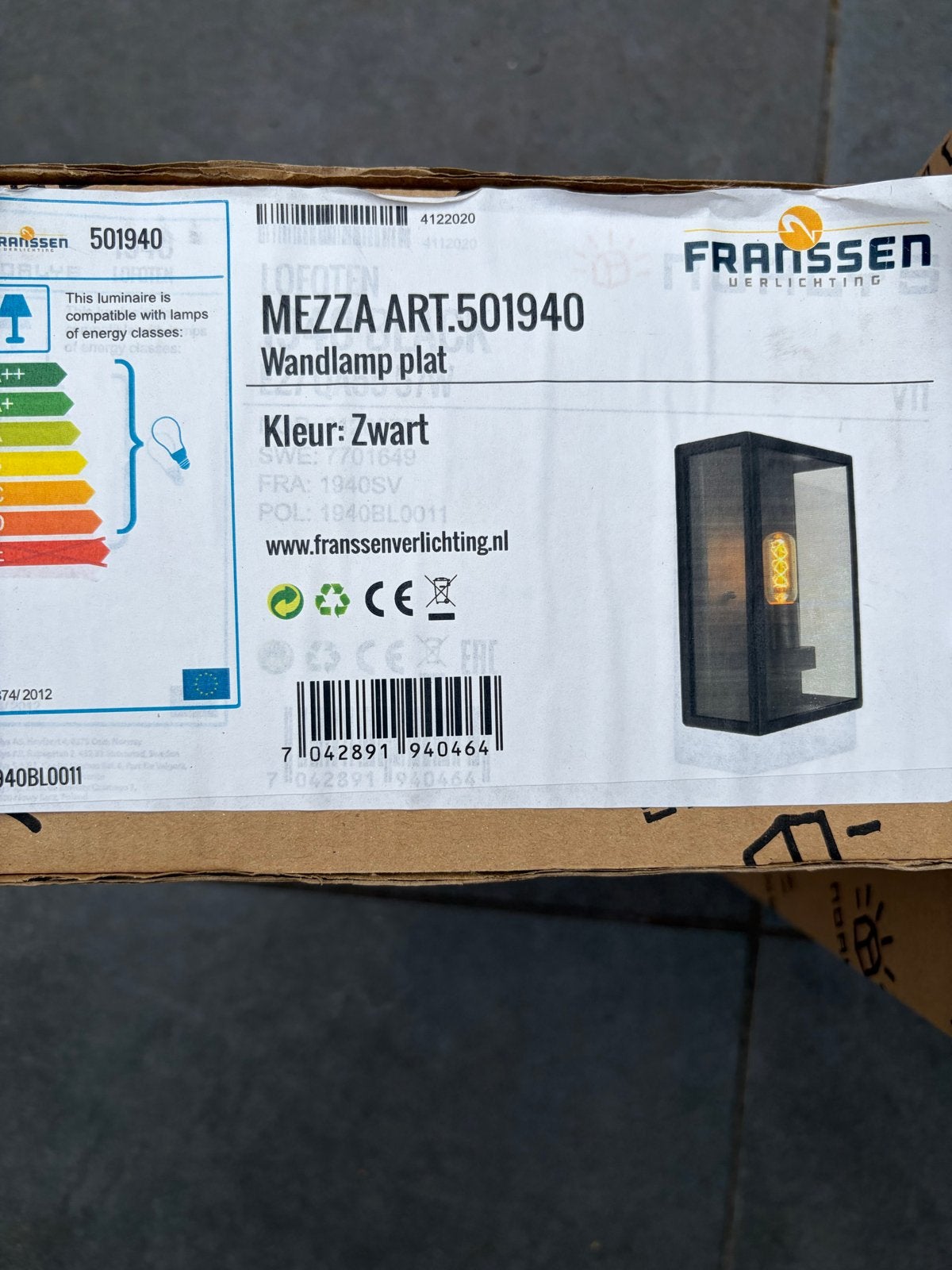 Franssen Mezza Wandlamp Plat Zwart - Art. 501940, Ophalen, Zwart, Geschikt voor buiten, Nieuw
