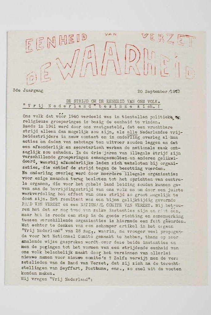 De Waarheid 20 september 1943 Verzetsblad WOII Heruitgave, Zo goed als nieuw, Verzenden, Amsterdam, Overige soorten