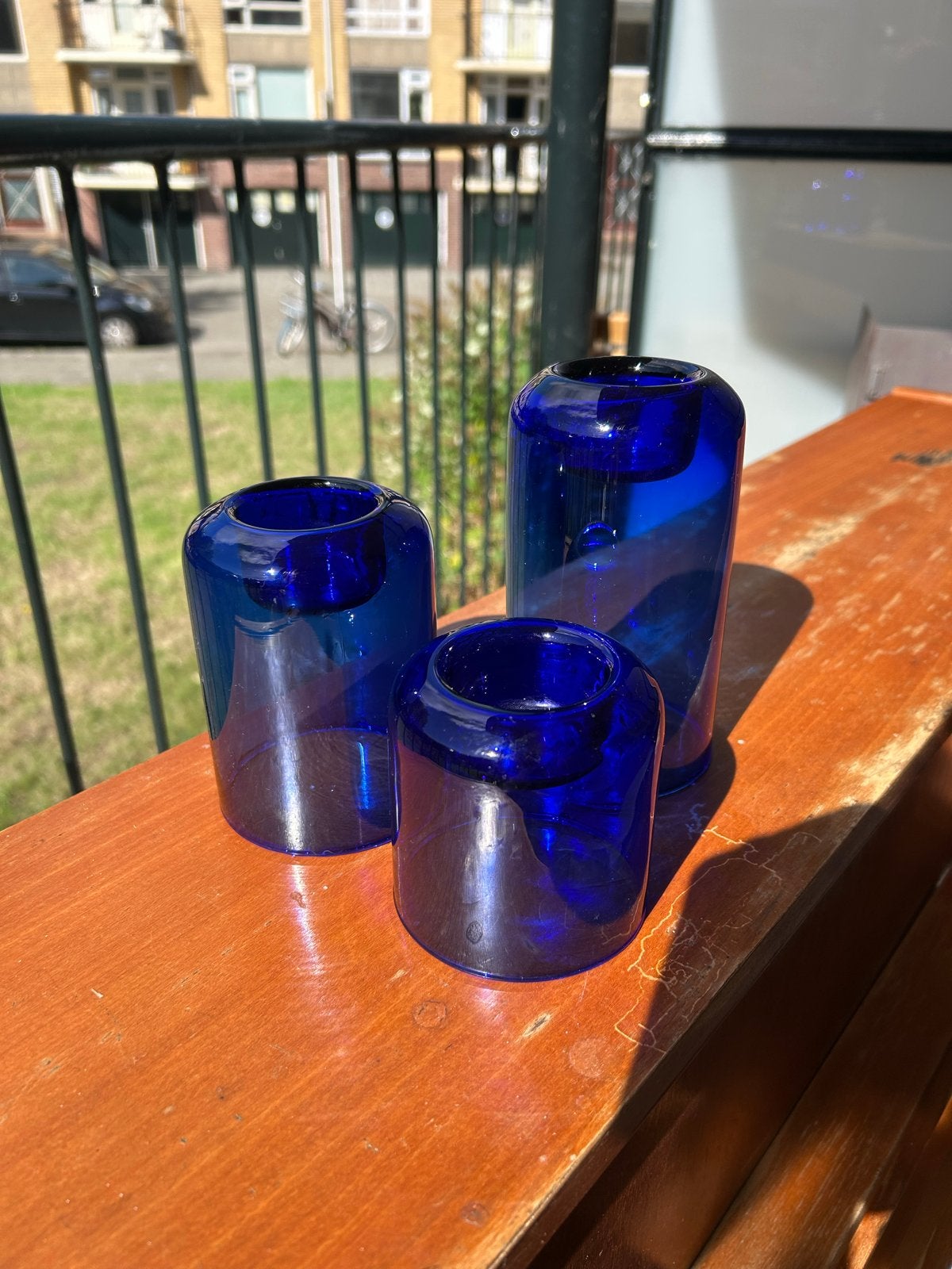 Set van 3 kobaltblauwe glazen theelicht houders, Antiek en Kunst, Ophalen of Verzenden