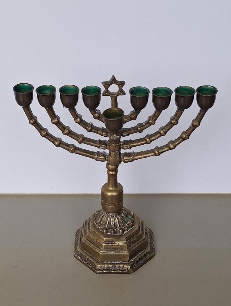 vintage antieke messing bronzen Joodse Chanoeka kandelaar, Ophalen of Verzenden, Koper of Brons