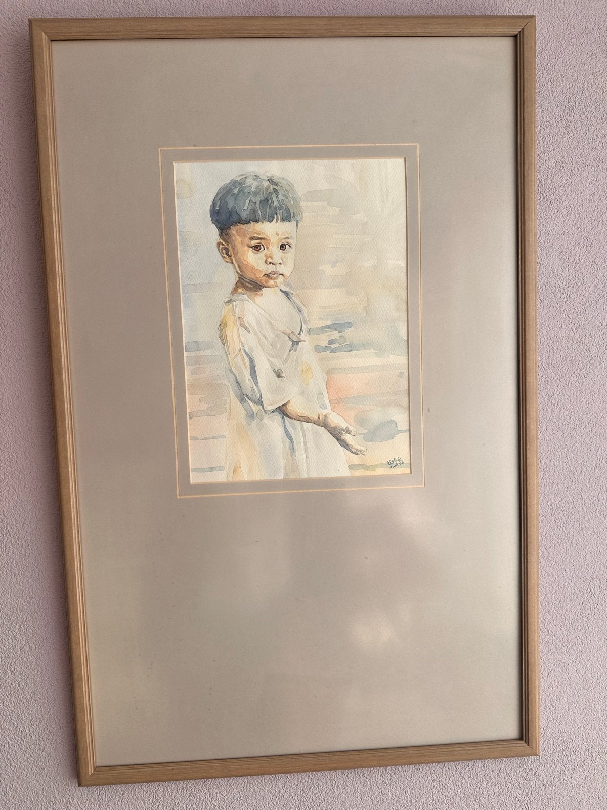 Aquarel Portret van een Kind - Ingelijst, Antiek en Kunst, Kunst | Schilderijen | Klassiek, Portret of Personen, Realistisch, Aquarel